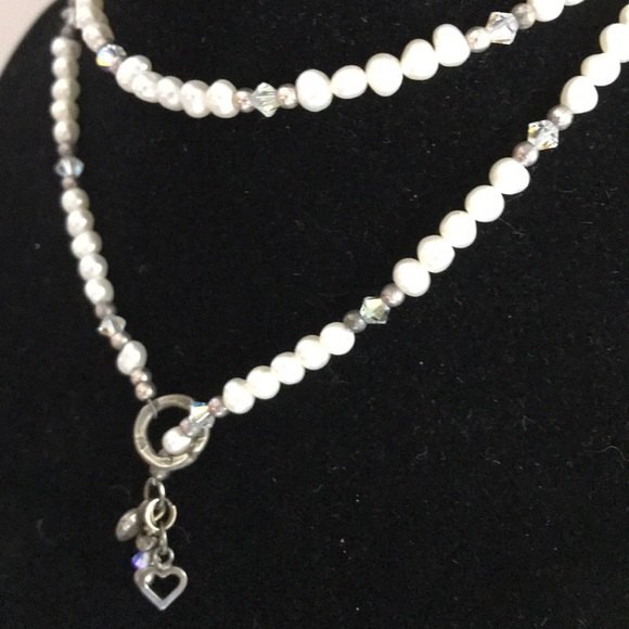 VTG Handmade Pearl Lariat Necklace Swarovski Crystal Sterling Silver Hearts 24 - Picture 4 of 8